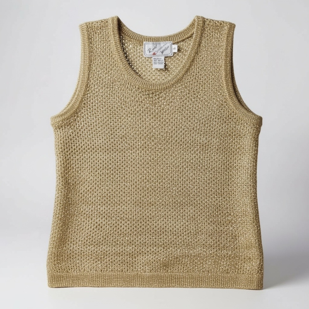 Vintage Gold Metallic Open Weave Sweater‎ Tank Glam Party Festi - Size Small - Picture 2 of 9